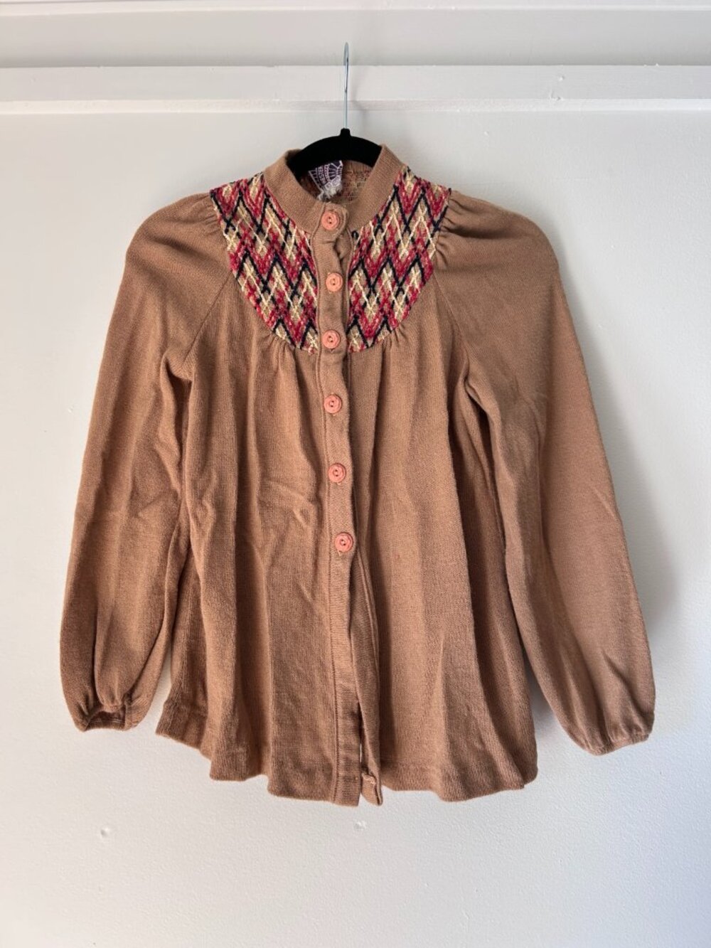 Tan Argyle Yoke Puff Sleeve Retro Cardigan Sweater